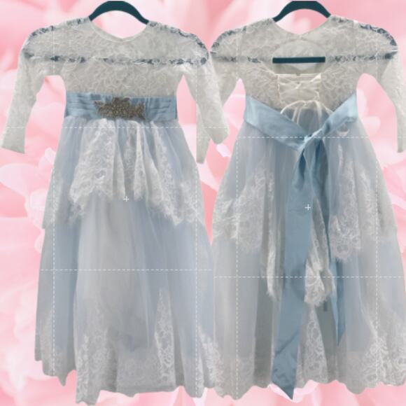 FLOWER GIRL'S PARTY DRESS SZ 4-5 Y blue white long sleeve lace maxi dress B147